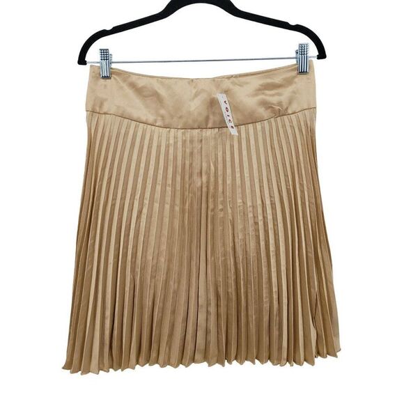 Vintage 80s Mini Skirt M Metallic Gold Satin Accordion Pleat Skater Party Glam - Picture 1 of 8